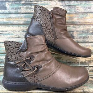 COBB HILL Ankle Boots Womens Size 8.5W Gray Leather Pleated Round Toe Wedge Heel